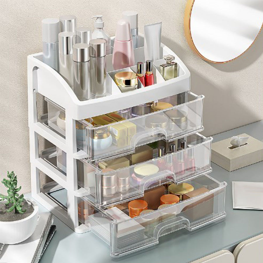 Desktop Organizer 3 Drawer Clear Plastic Desk Storage for Office Stationary Makeup Organizer Bathroom White