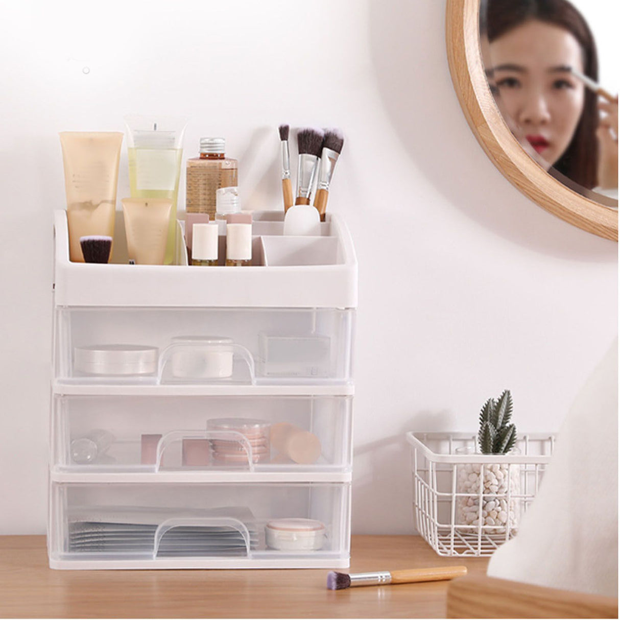 Desktop Organizer 3 Drawer Clear Plastic Desk Storage for Office Stationary Makeup Organizer Bathroom White