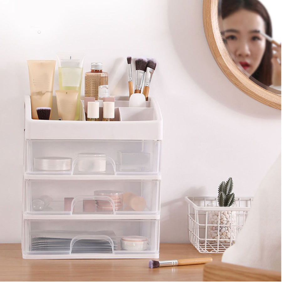 Desktop Organizer 3 Drawer Clear Plastic Desk Storage for Office Stationary Makeup Organizer Bathroom White