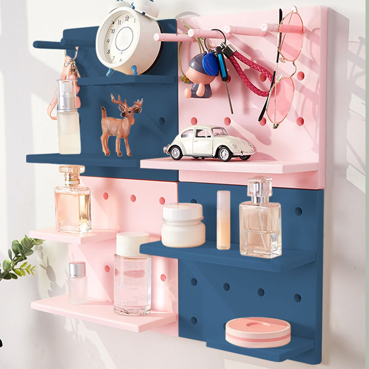 Pegboard Wall Organizer Shelves Punch Free Multifunctional Wall Pegboard Organizer for Doll Pink