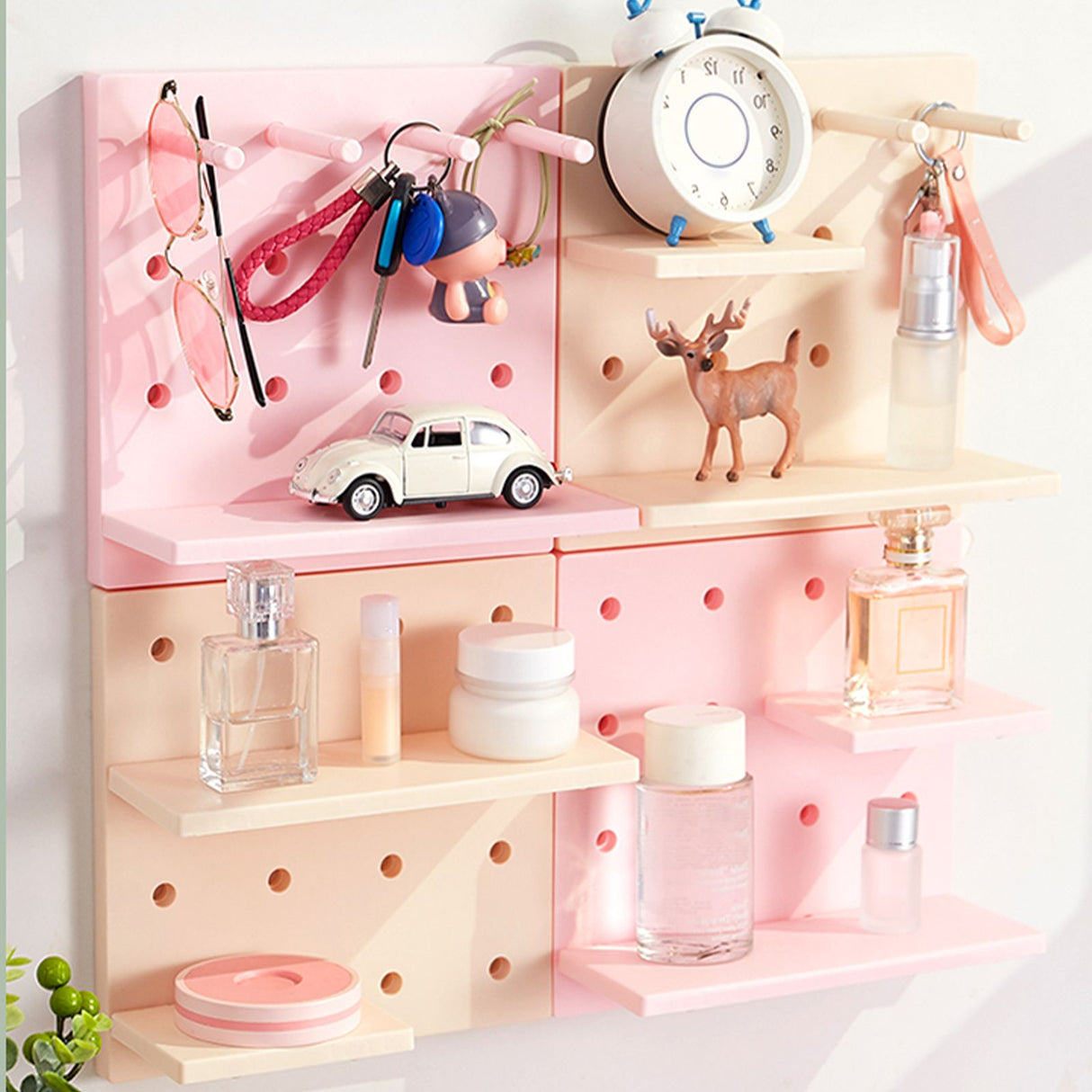 Pegboard Wall Organizer Shelves Punch Free Multifunctional Wall Pegboard Organizer for Doll Pink