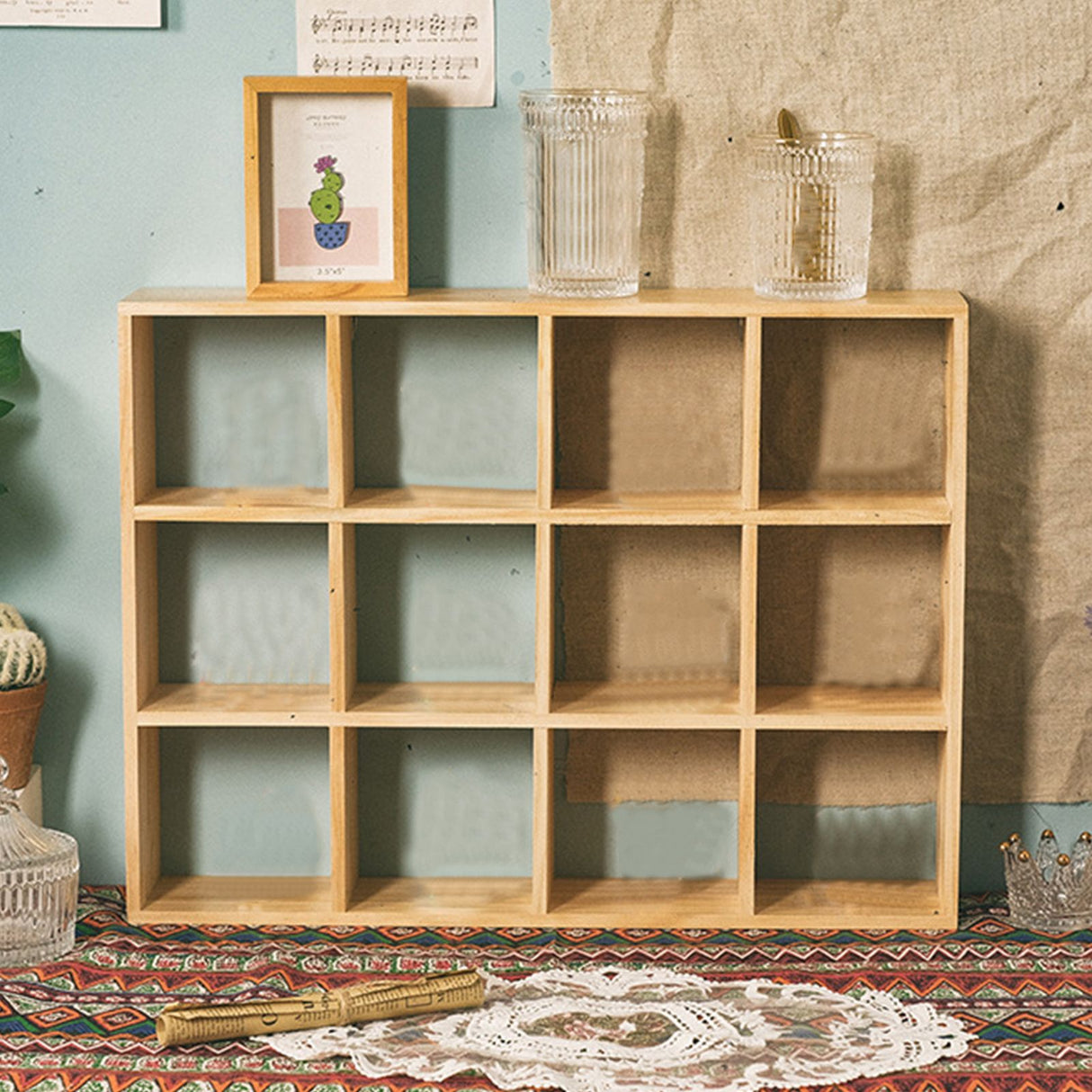 12 Grids Action Figure Wooden Storage Shelf Figure Wood Shadow Box Shelf Organizer for Bedroom Living Room Study Without Back Plate