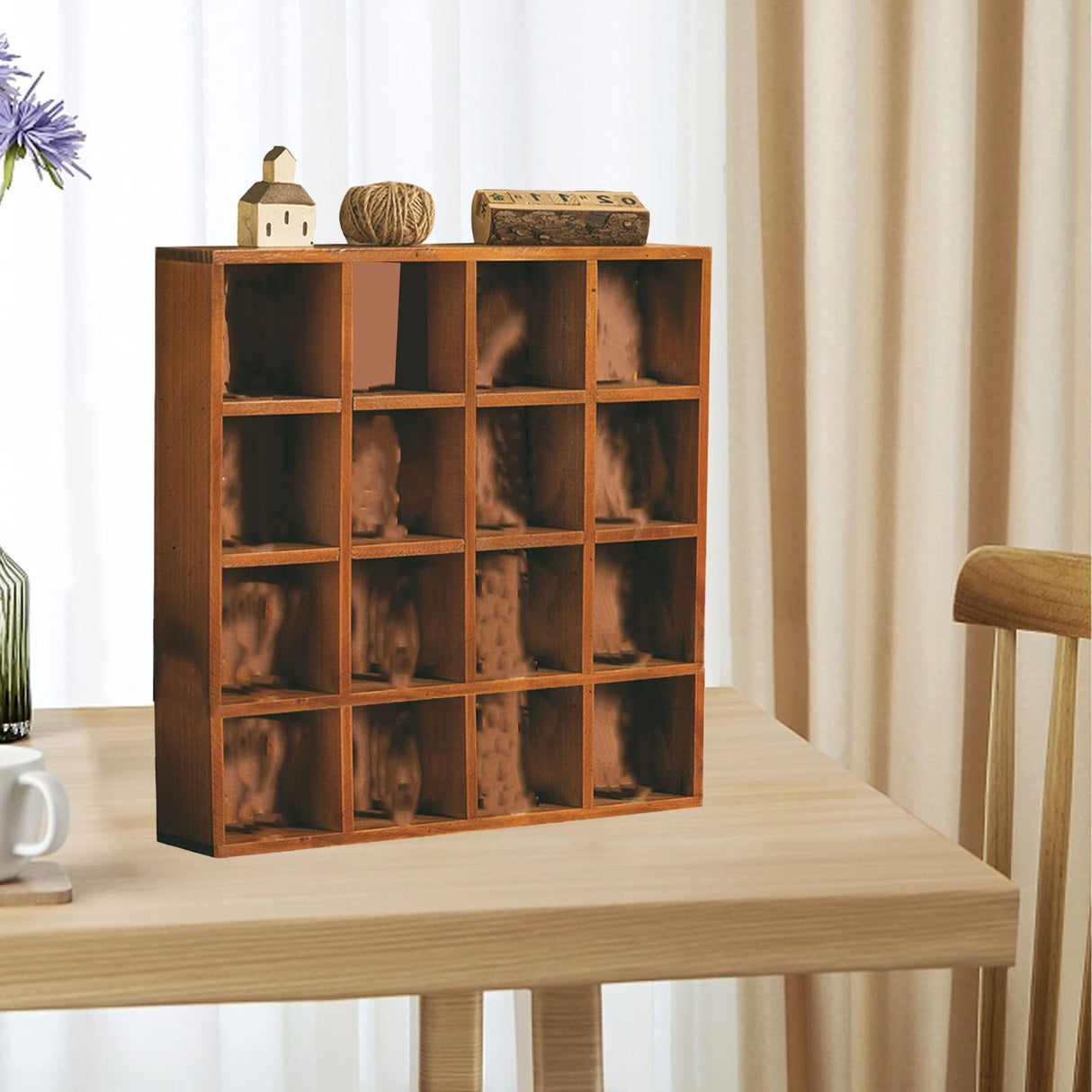Wall Mounted Figures Display Shelves Rack Retro Wooden Figures Display Case for Home Bedroom 16 Grids