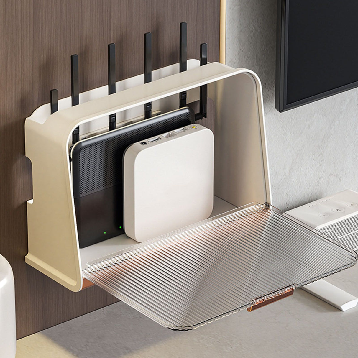 Wall Mounted WIFI Router Storage Box Great Capacity Power Strip Power Socket Cable Storage Case for Home Beige Large Size 30x12x22cm/11.8x4.7x8.7in