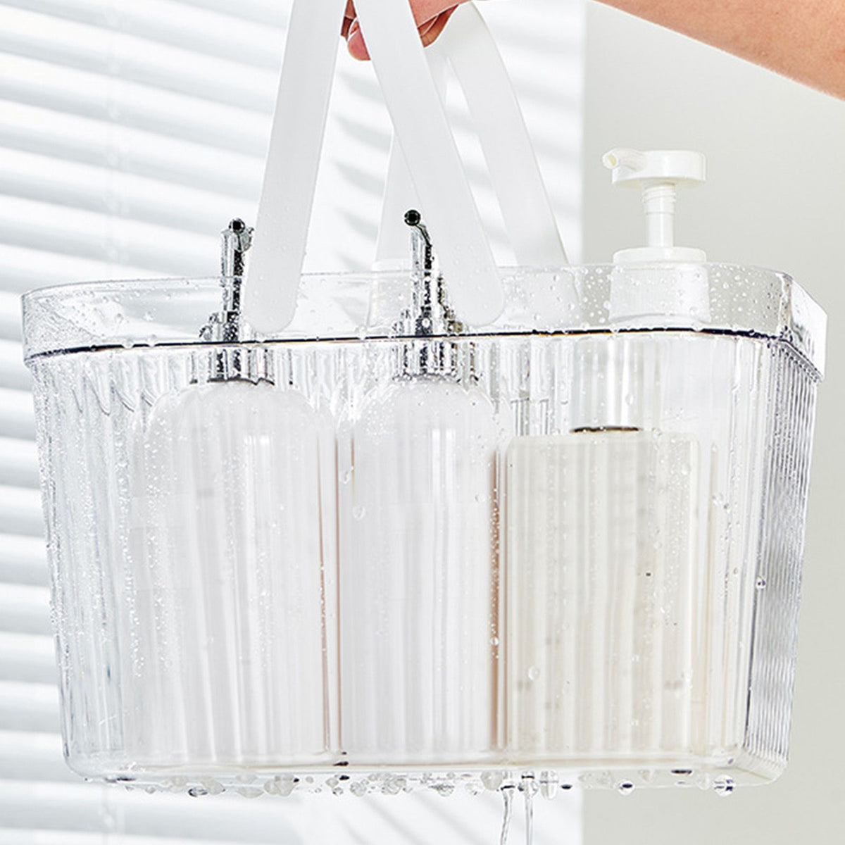 Bath Organizer Basket Stylish Clear Stripe Large Capacity Shower Storage Organizer with Handle for Bathroom White