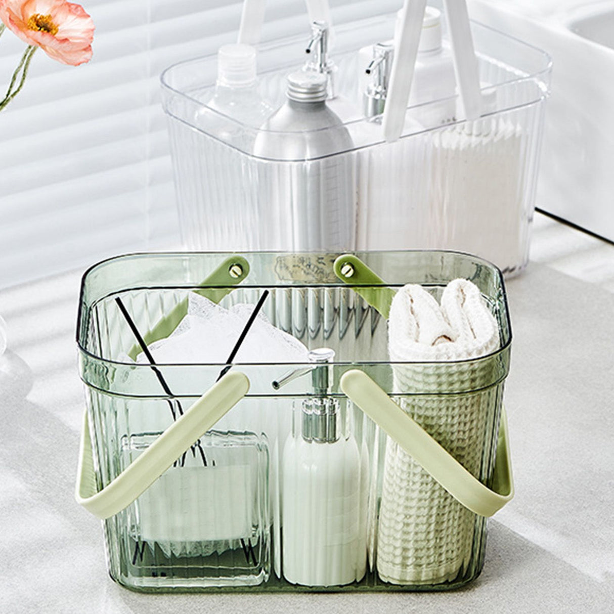 Bath Organizer Basket Stylish Clear Stripe Large Capacity Shower Storage Organizer with Handle for Bathroom Green