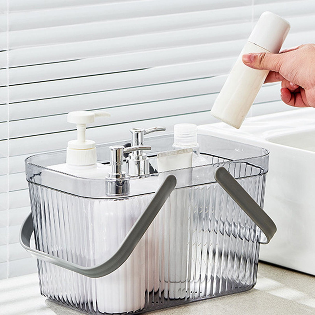 Bath Organizer Basket Stylish Clear Stripe Large Capacity Shower Storage Organizer with Handle for Bathroom Grey
