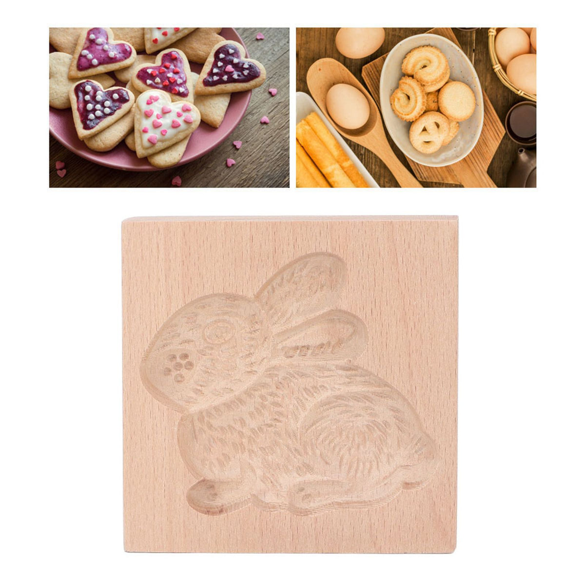 Wooden Cookie Mould Beechwood Reusable Washable Biscuit Press Stamp Mold for Kitchen Baking Rabbit