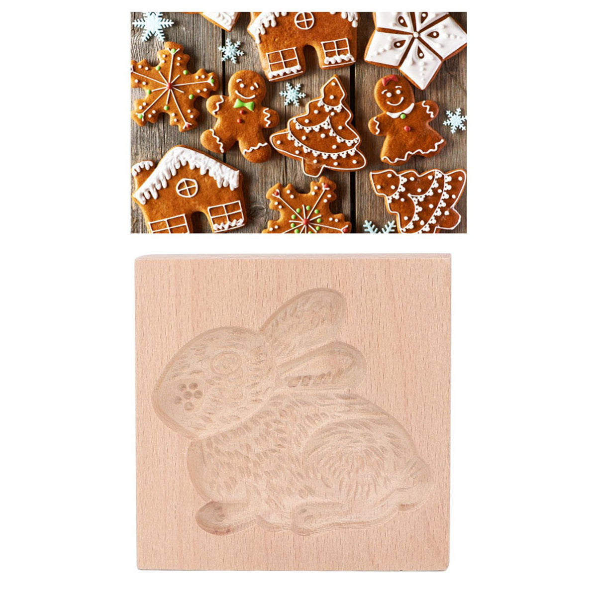Wooden Cookie Mould Beechwood Reusable Washable Biscuit Press Stamp Mold for Kitchen Baking Rabbit