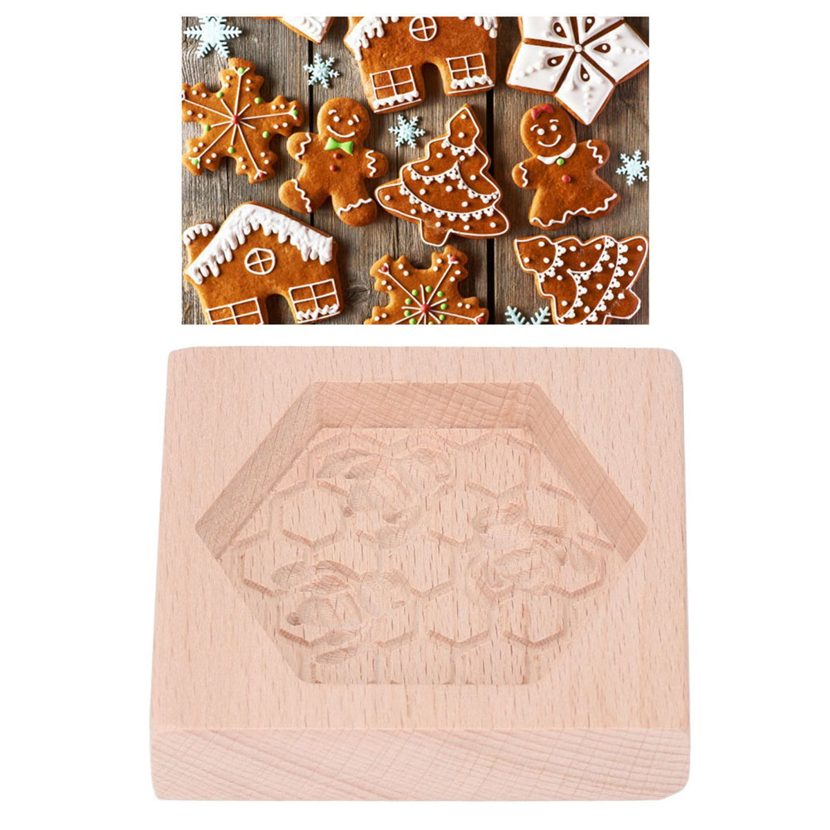 Wooden Cookie Mould Beechwood Reusable Washable Biscuit Press Stamp Mold for Kitchen Baking Bee