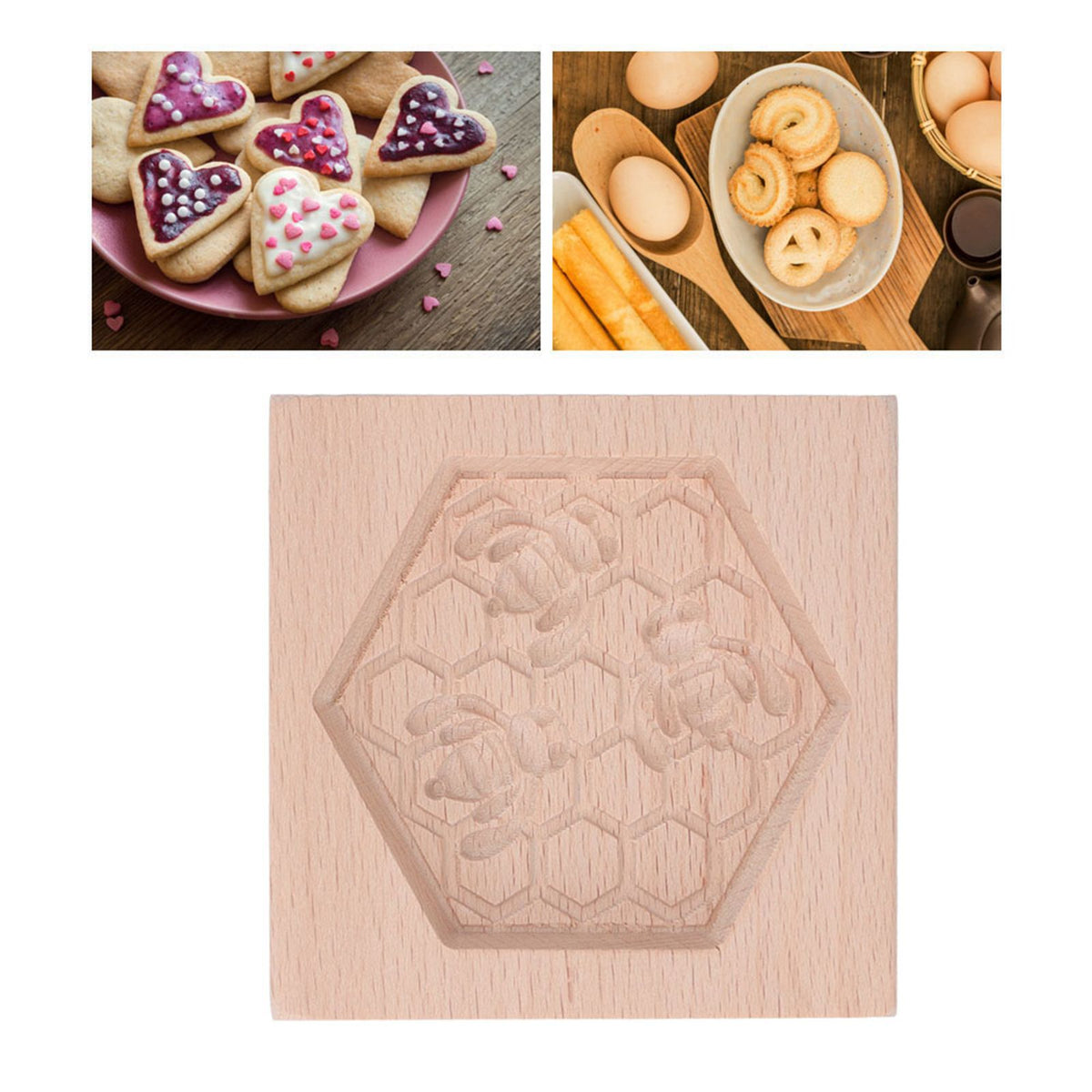 Wooden Cookie Mould Beechwood Reusable Washable Biscuit Press Stamp Mold for Kitchen Baking Bee