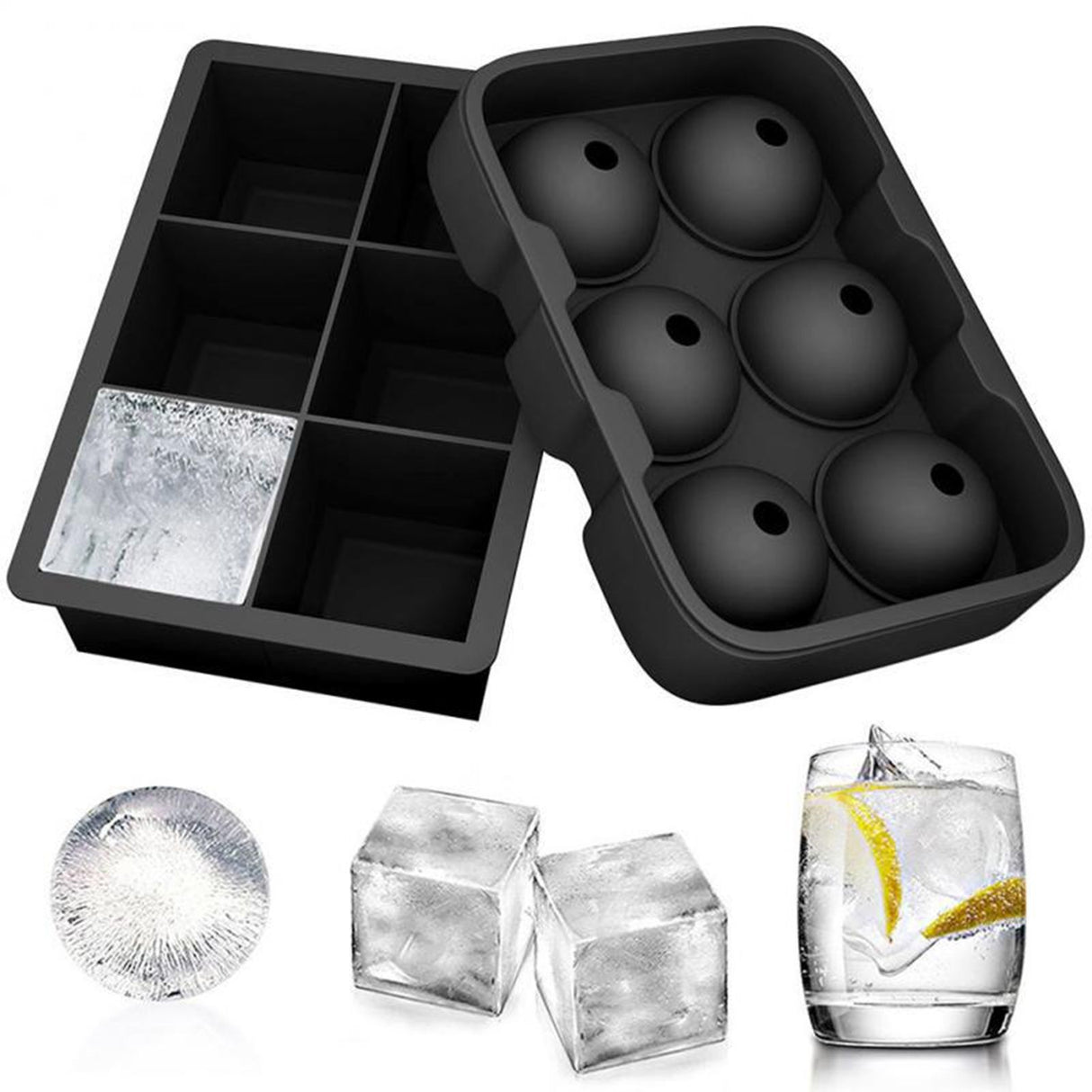 Ice Cube Tray 6 Grids Easy Release Silicone Square and Round with Lid Ice Cube Maker Mold for Freezer