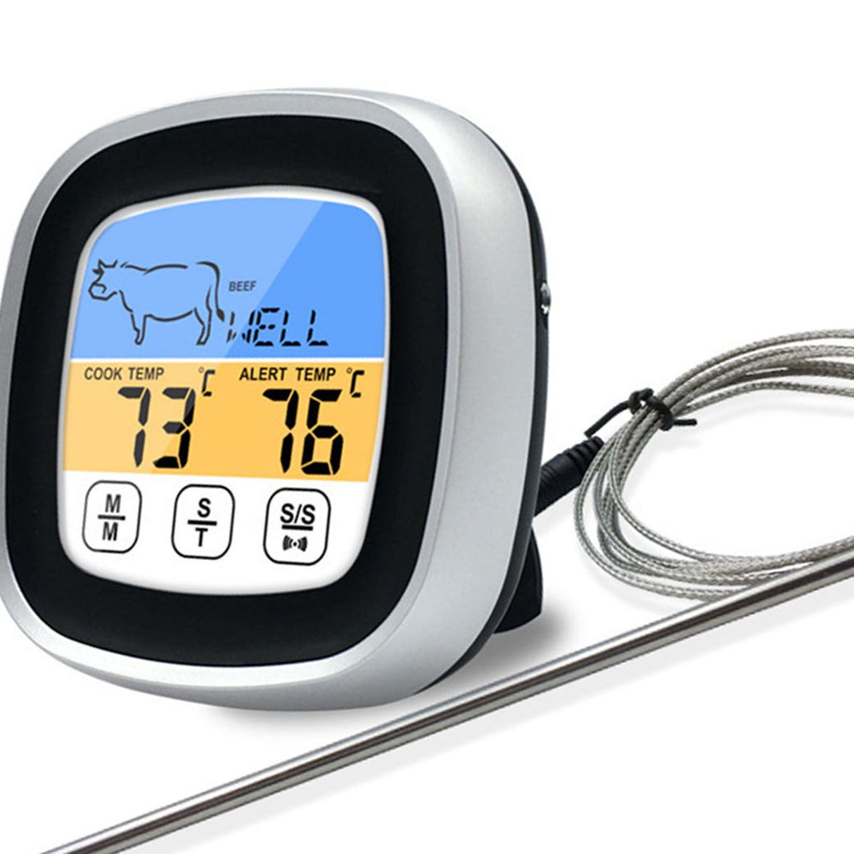 Digital Timer Thermometer Touch Screen Stainless Steel Meat Thermometer for Kitchen BBQ Black
