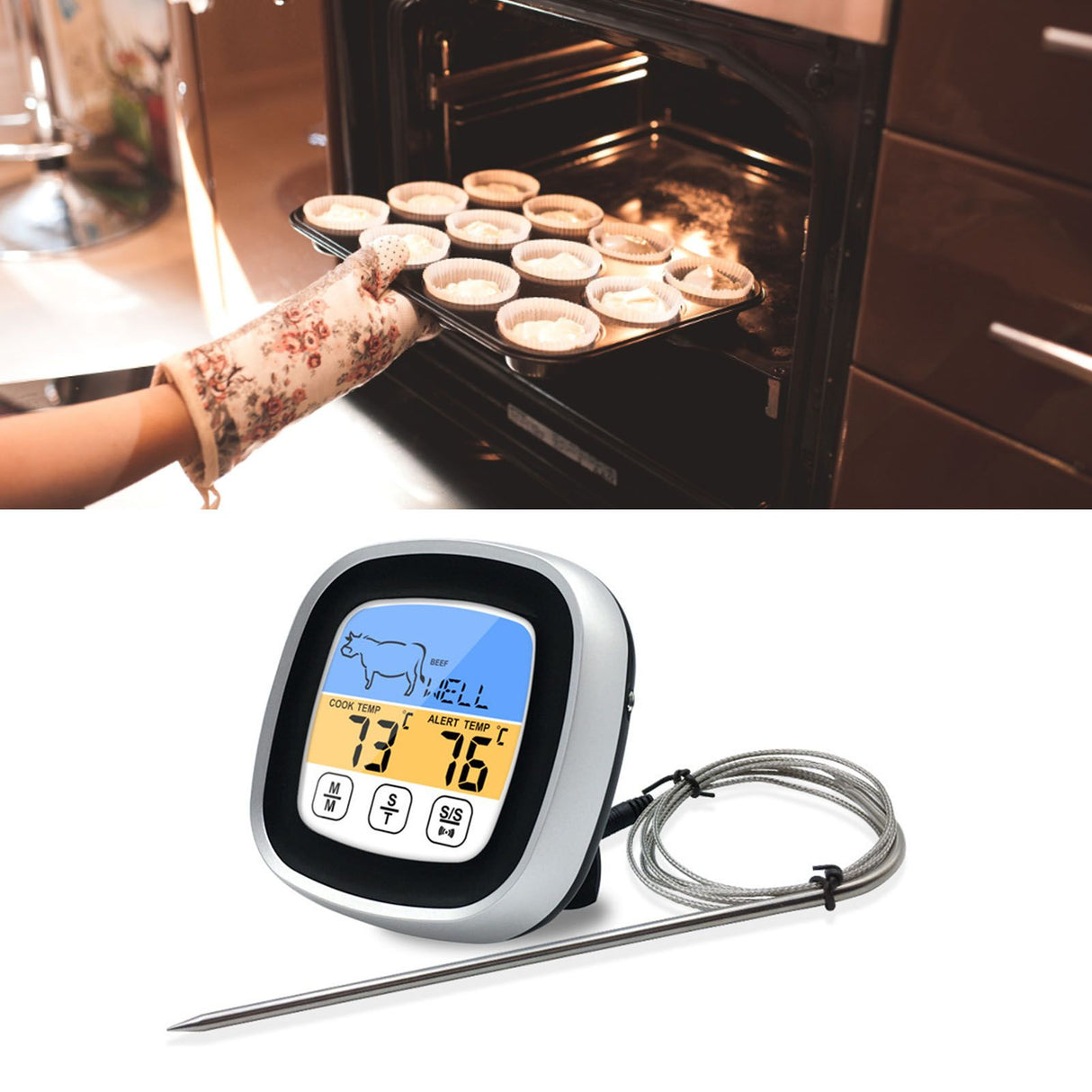 Digital Timer Thermometer Touch Screen Stainless Steel Meat Thermometer for Kitchen BBQ Black