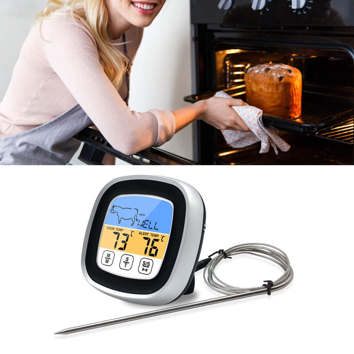 Digital Timer Thermometer Touch Screen Stainless Steel Meat Thermometer for Kitchen BBQ Black