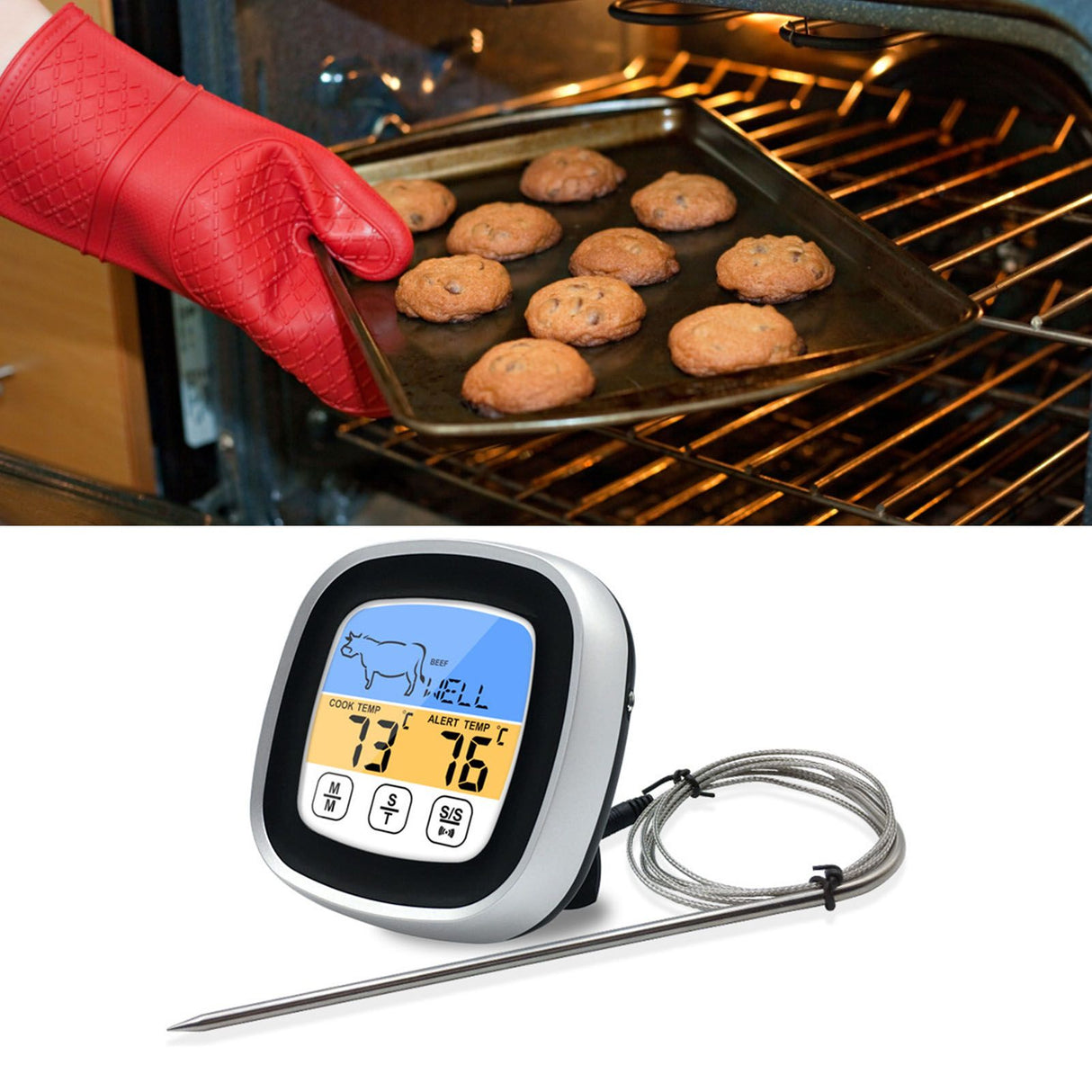 Digital Timer Thermometer Touch Screen Stainless Steel Meat Thermometer for Kitchen BBQ Black