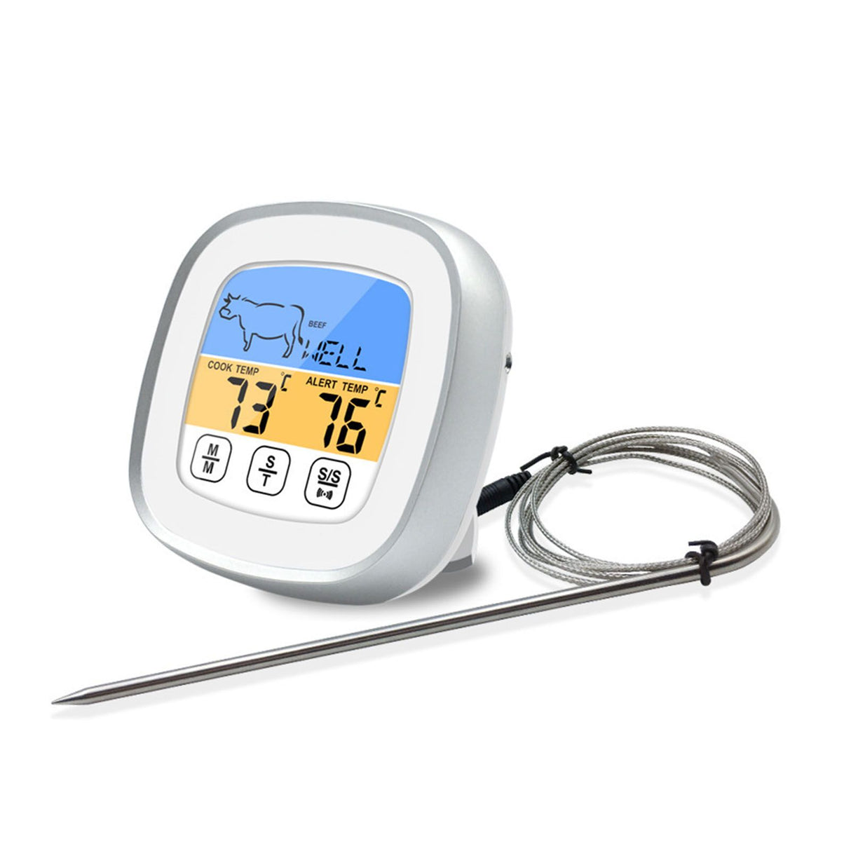 Digital Timer Thermometer Touch Screen Stainless Steel Meat Thermometer for Kitchen BBQ White