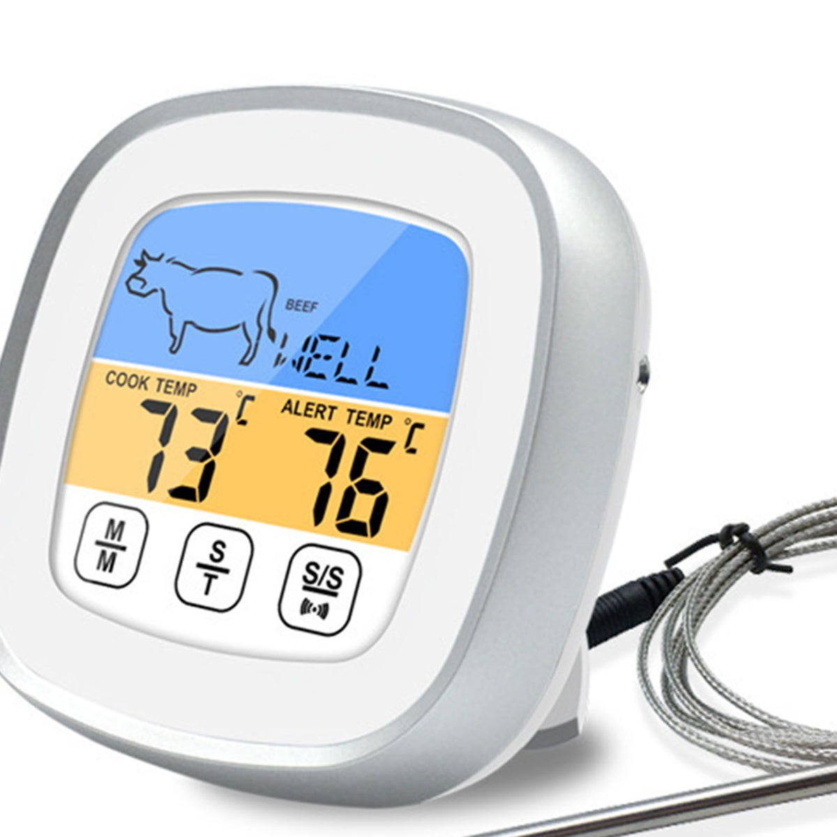 Digital Timer Thermometer Touch Screen Stainless Steel Meat Thermometer for Kitchen BBQ White