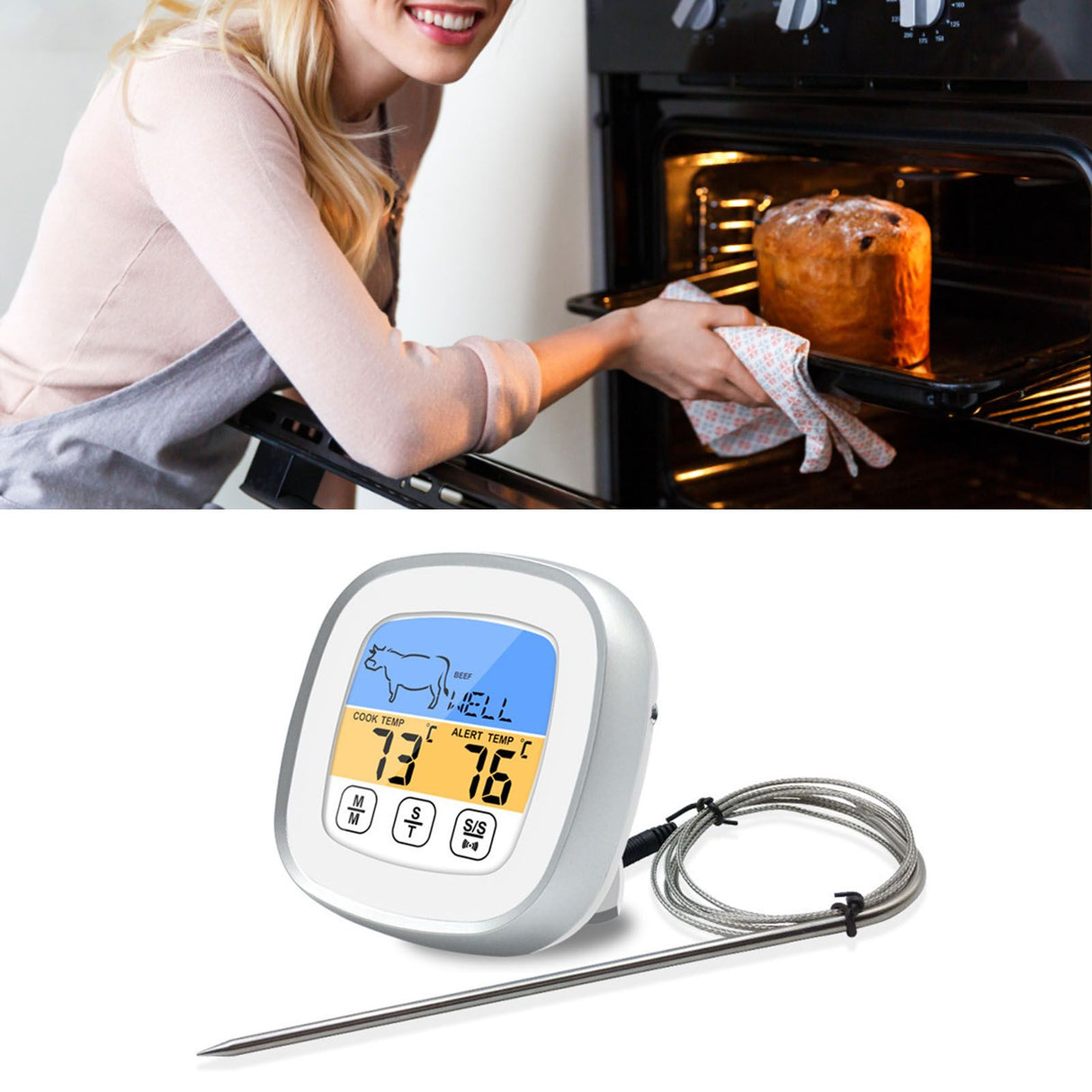 Digital Timer Thermometer Touch Screen Stainless Steel Meat Thermometer for Kitchen BBQ White