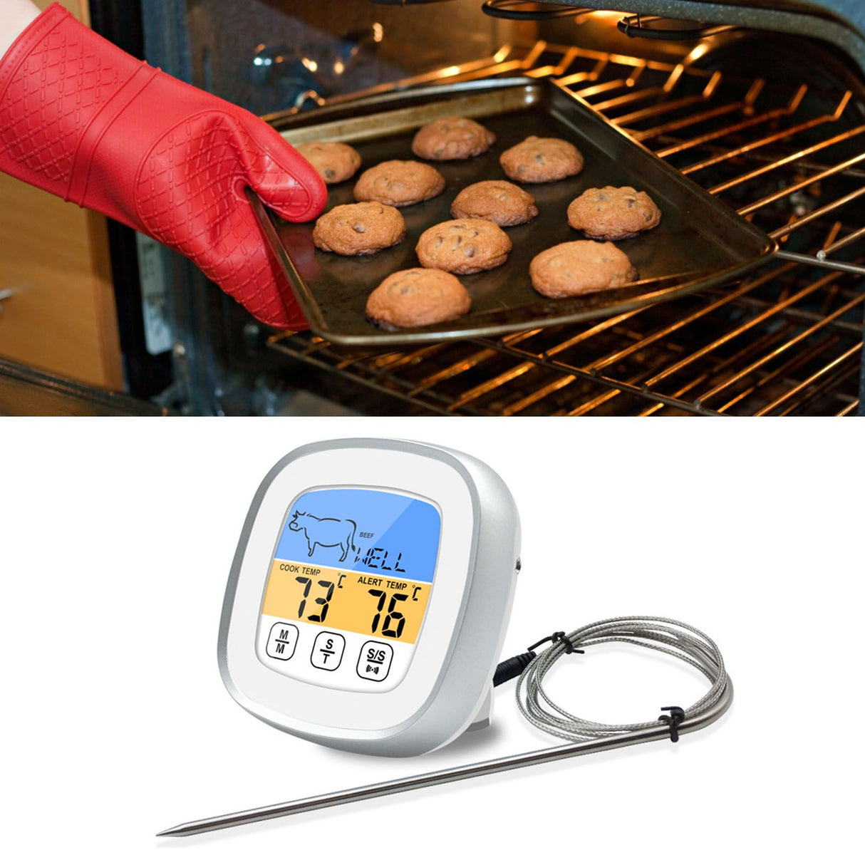 Digital Timer Thermometer Touch Screen Stainless Steel Meat Thermometer for Kitchen BBQ White