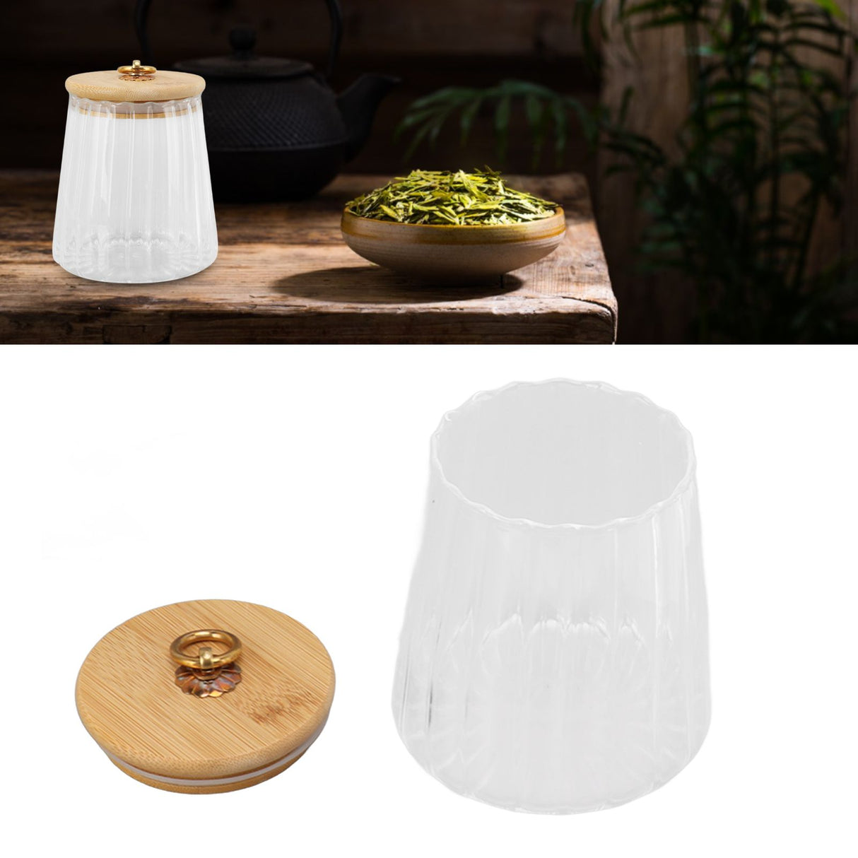 580ml Glass Tea Canister Transparent Food Storage Containers Jars with Airtight Bamboo Lid for Kitchen Counter