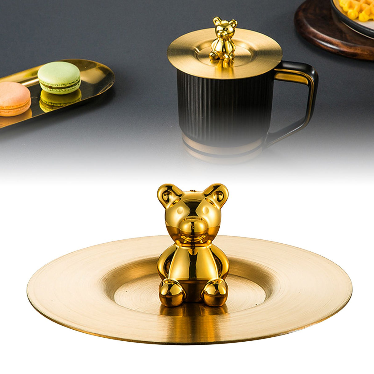 Cute Bear Cup Cover Stainless Steel Dustproof Rounded Edges Glossy Surface Artistic Cup Lid for Mug Glass Cup Gold