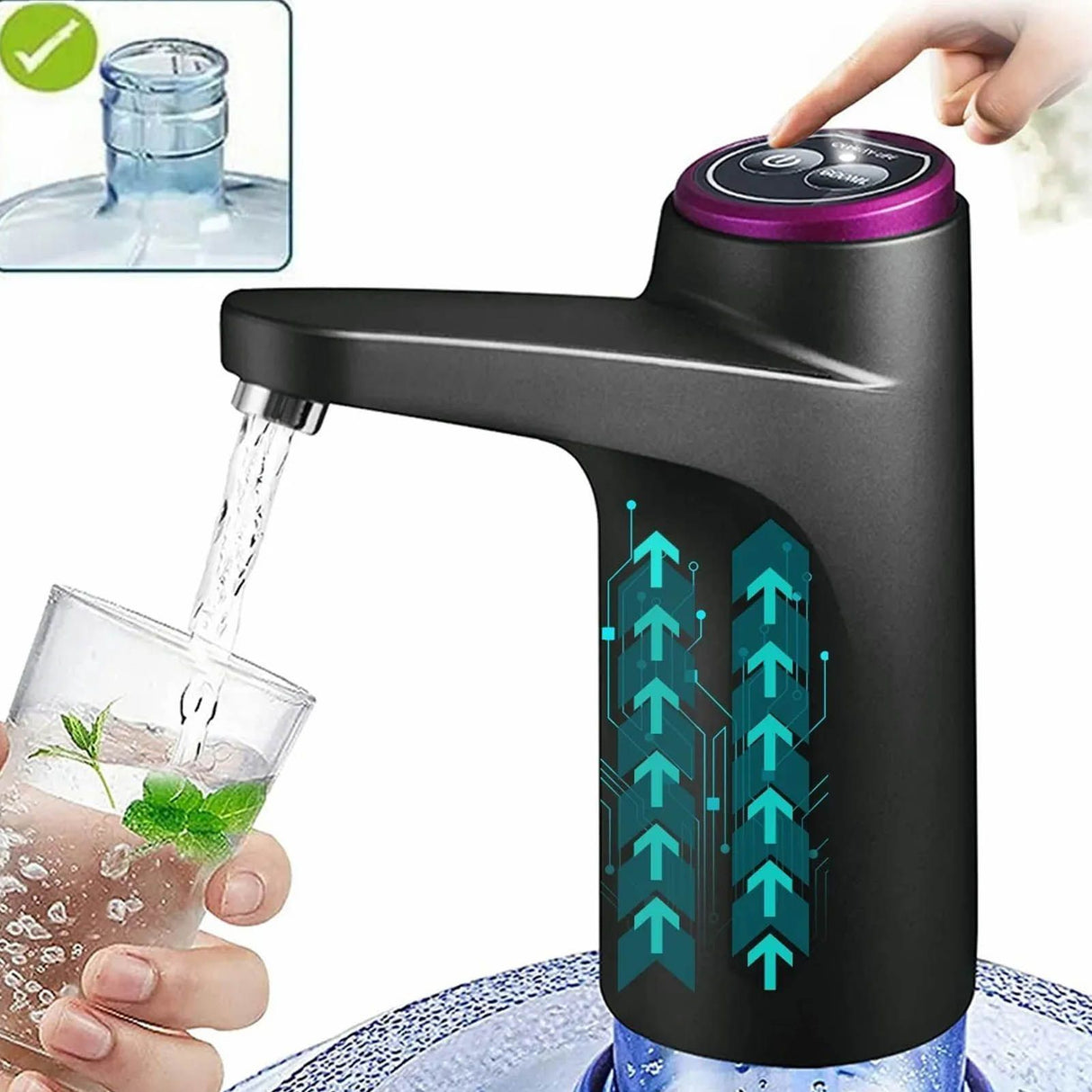 Water Bottle Dispenser BPA Free Quiet 4W 1200mAh Battery Portable Automatic Drinking Water Pump for Home Office Black