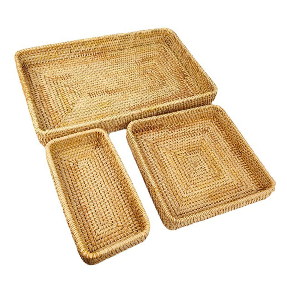 Rattan Tray Tabletop Organization Hand Woven Snack Storage Basket Multifunctional Serving Tray 3 Pcs Set