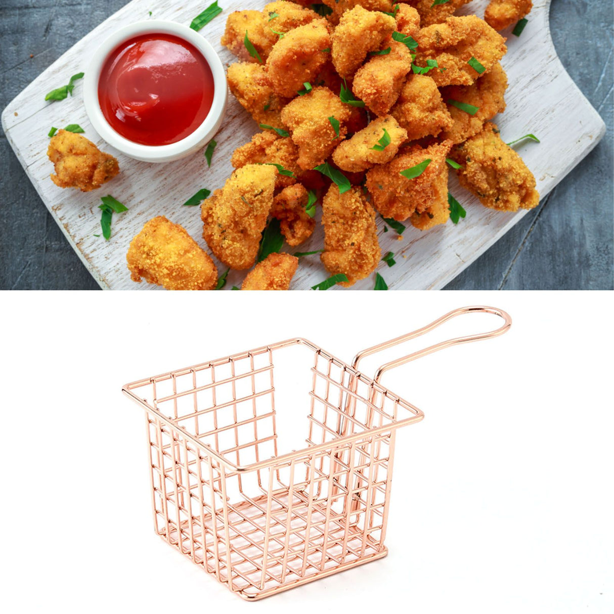 Fryer Basket Iron French Fry Holder Frying Strainer with Handle for Restaurant Home Rose Gold