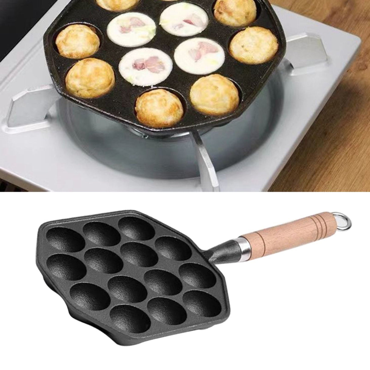 14 Holes Takoyaki Pan Nonstick Cast Iron Octopus Meat Balls Mold Maker with Detachable Handle for Home Pancake Baking