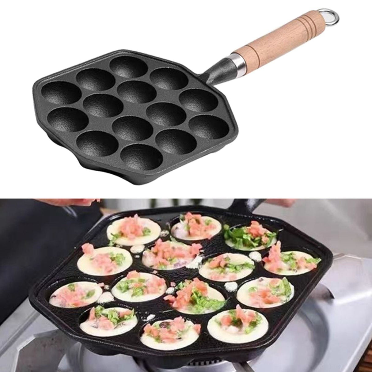14 Holes Takoyaki Pan Nonstick Cast Iron Octopus Meat Balls Mold Maker with Detachable Handle for Home Pancake Baking