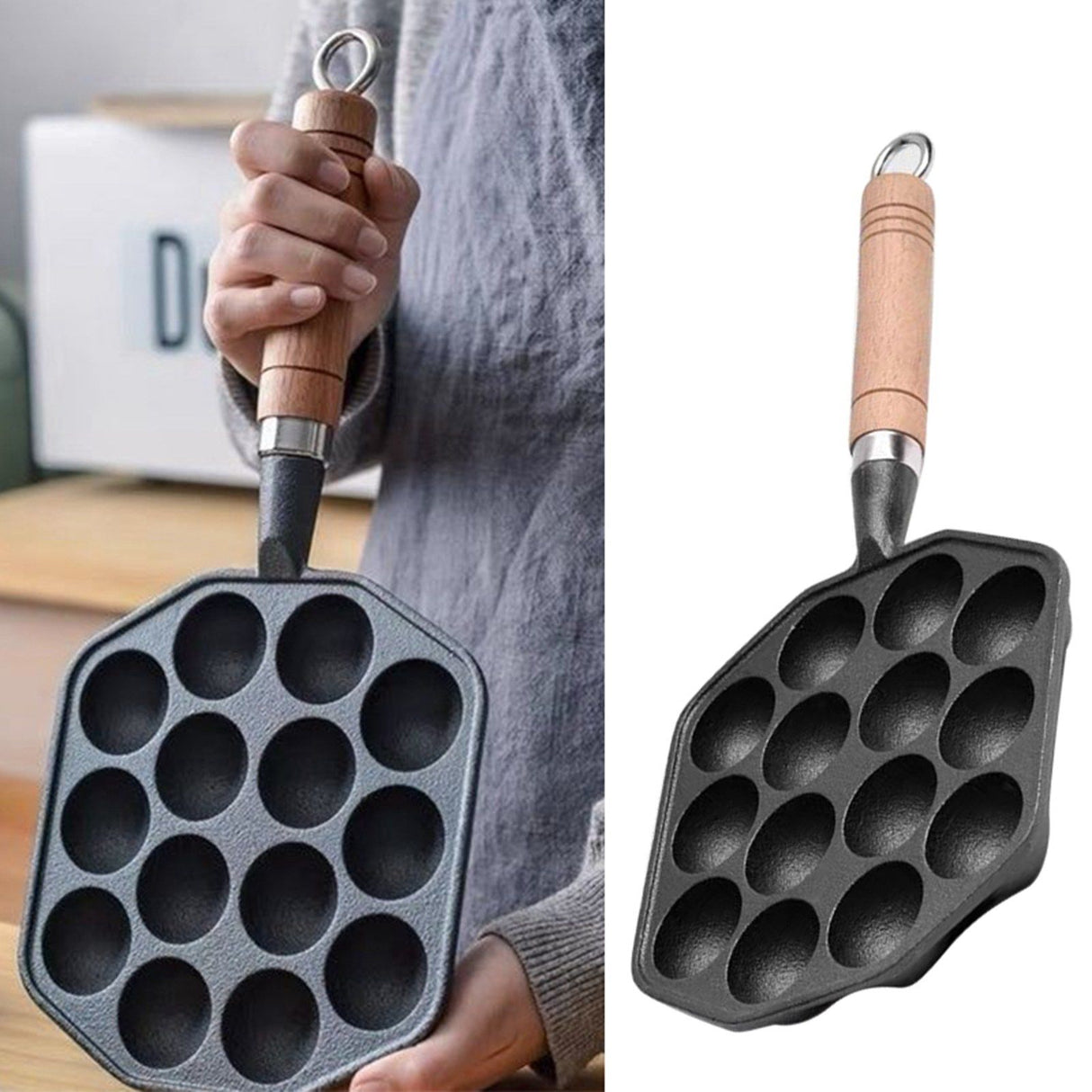 14 Holes Takoyaki Pan Nonstick Cast Iron Octopus Meat Balls Mold Maker with Detachable Handle for Home Pancake Baking