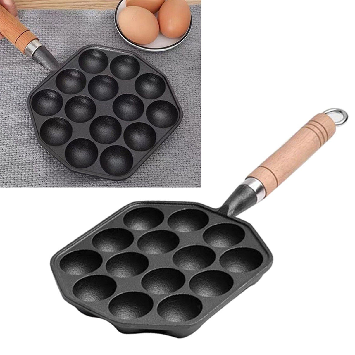 14 Holes Takoyaki Pan Nonstick Cast Iron Octopus Meat Balls Mold Maker with Detachable Handle for Home Pancake Baking