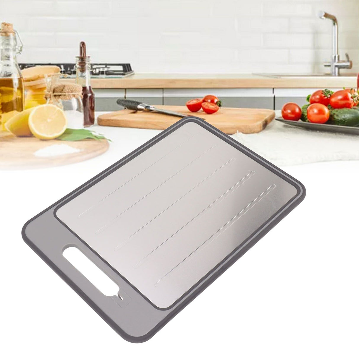 Defrosting Tray Double Sided Grinding Thawing Cutting Board with Sharpener for Frozen Meat Grey