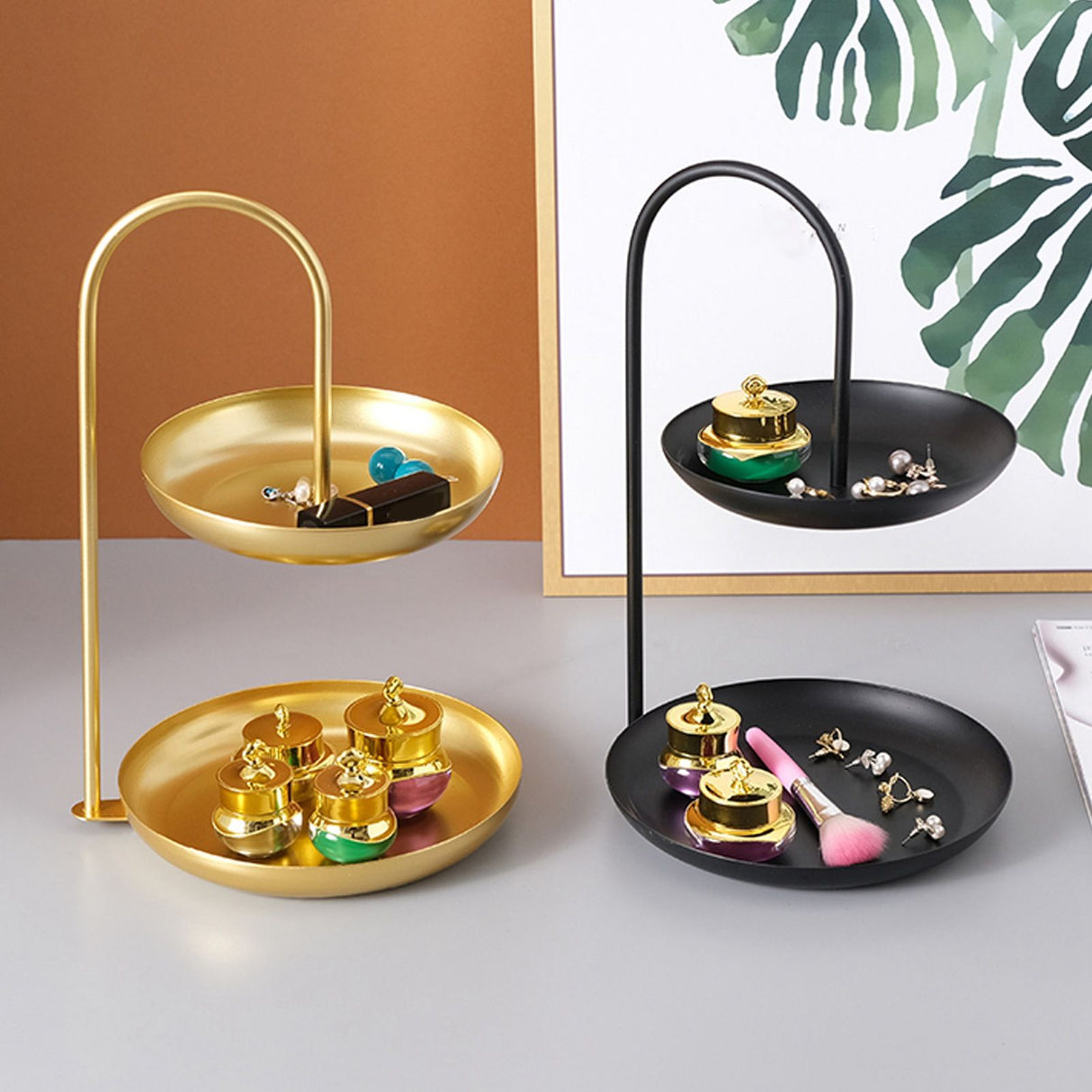 2 Tier Iron Fruit Serving Tray Waterproof Multi Tier Storage Platter for Coffee Table Party Gold