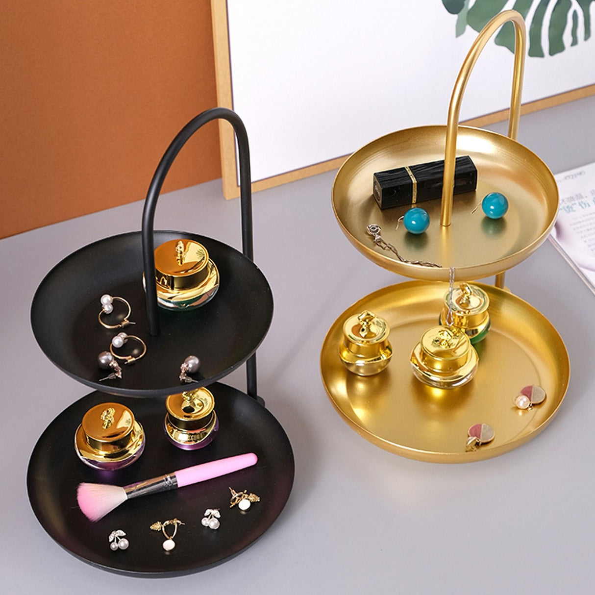 2 Tier Iron Fruit Serving Tray Waterproof Multi Tier Storage Platter for Coffee Table Party Gold