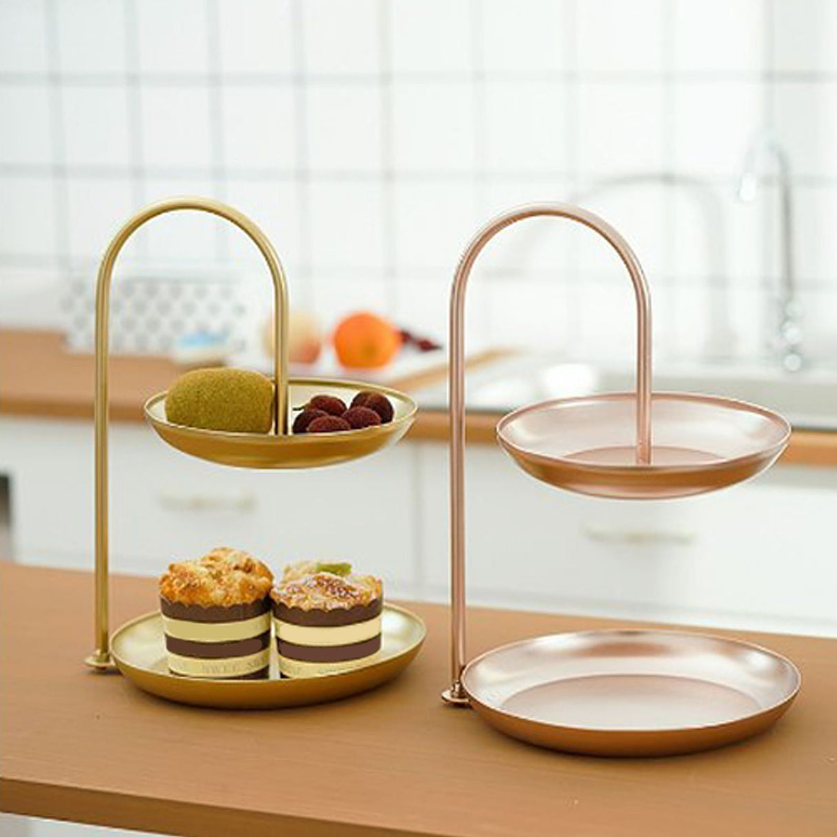 2 Tier Iron Fruit Serving Tray Waterproof Multi Tier Storage Platter for Coffee Table Party Rose Gold