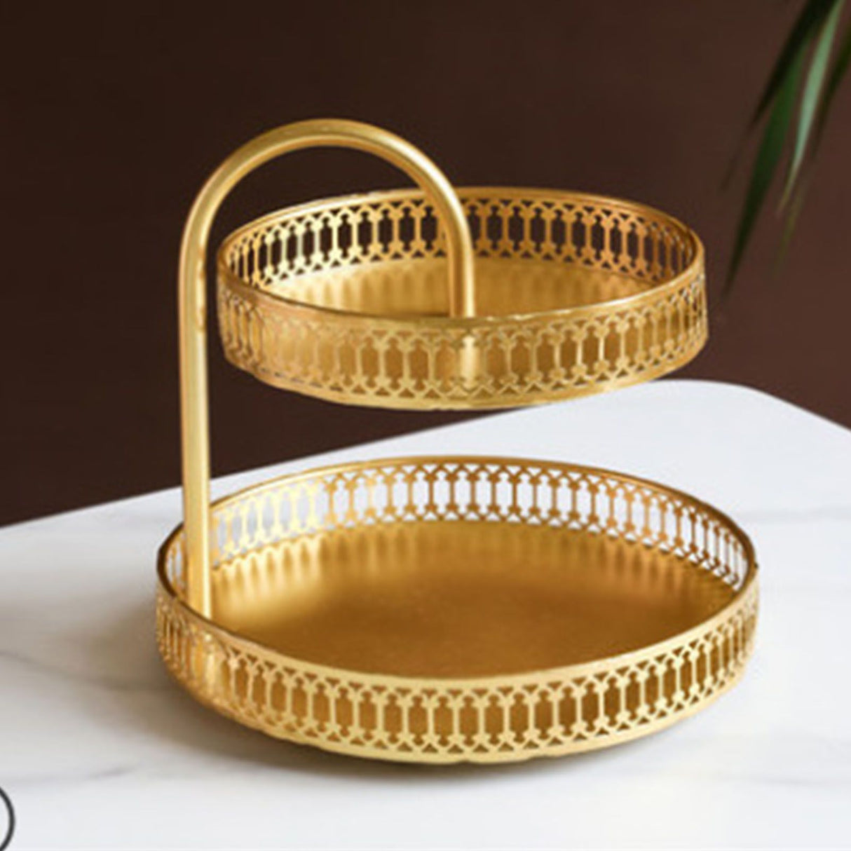 Double Layer Pastry Tray Decorative Copper Gold Biscuits Dessert Display Plate for Wedding Vertical Grain