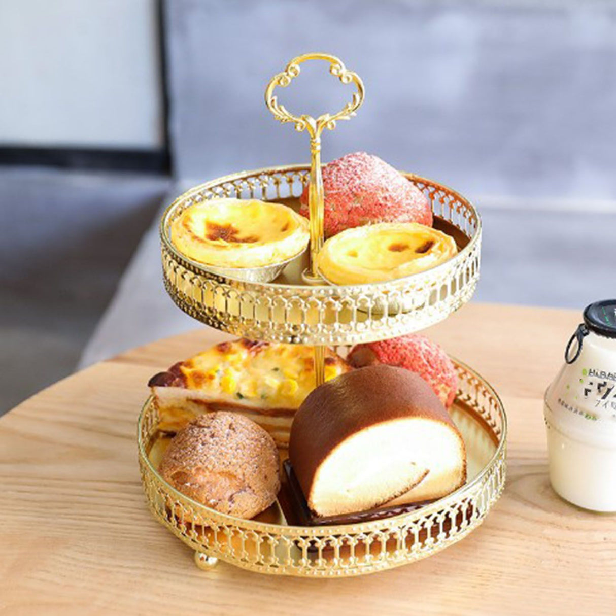Double Layer Pastry Tray Decorative Copper Gold Biscuits Dessert Display Plate for Wedding Vertical Grain