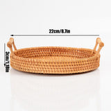 Hand Woven Round Rattan Serving Tray Bread Fruit Dessert Snack Basket with Handles Diameter 22cm Height 3cm - Rear View