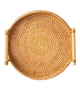 Hand Woven Round Rattan Serving Tray Bread Fruit Dessert Snack Basket with Handles Diameter 24cm Height 3cm - Front View