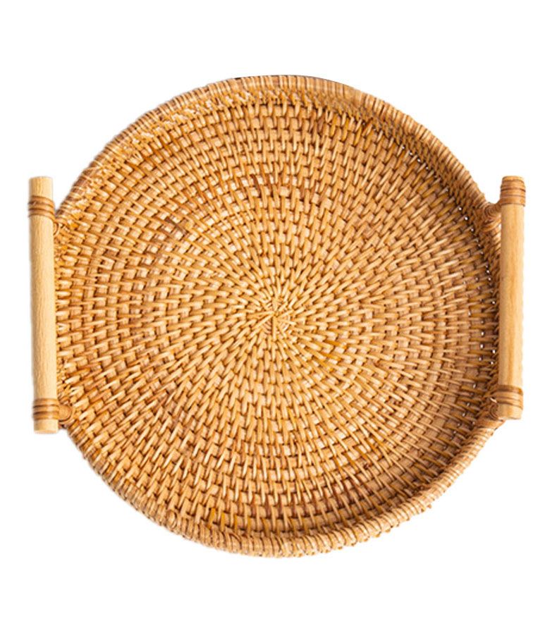 Hand Woven Round Rattan Serving Tray Bread Fruit Dessert Snack Basket with Handles Diameter 24cm Height 3cm