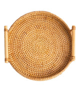 Hand Woven Round Rattan Serving Tray Bread Fruit Dessert Snack Basket with Handles Diameter 24cm Height 3cm
