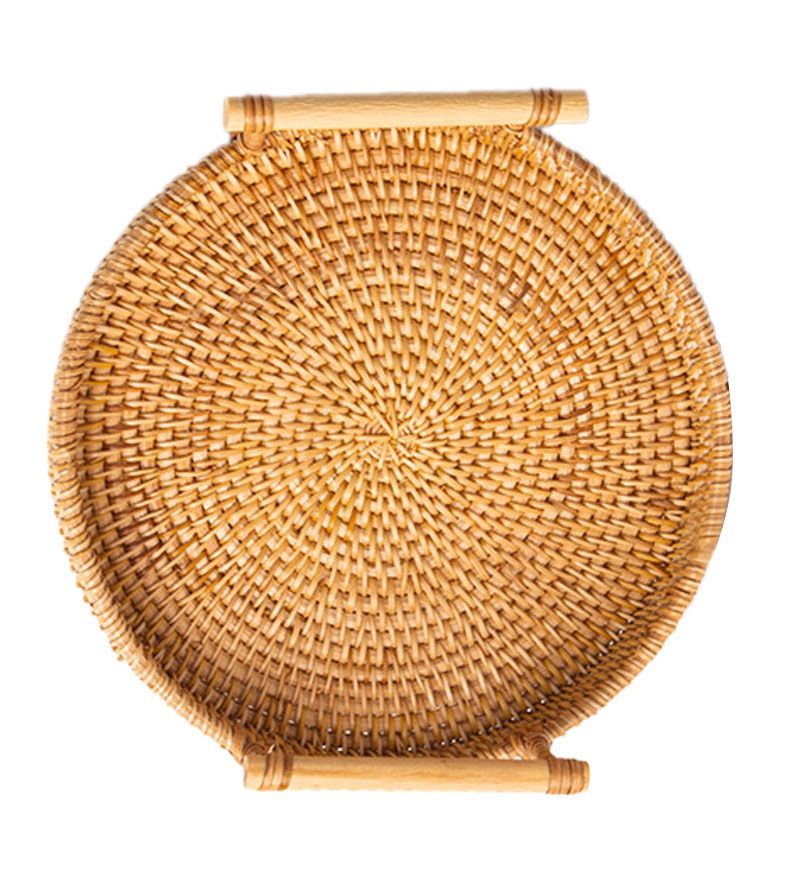 Hand Woven Round Rattan Serving Tray Bread Fruit Dessert Snack Basket with Handles Diameter 24cm Height 3cm
