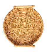 Hand Woven Round Rattan Serving Tray Bread Fruit Dessert Snack Basket with Handles Diameter 24cm Height 3cm - Top-Down View