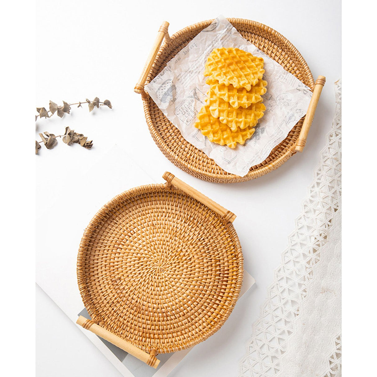 Hand Woven Round Rattan Serving Tray Bread Fruit Dessert Snack Basket with Handles Diameter 24cm Height 3cm