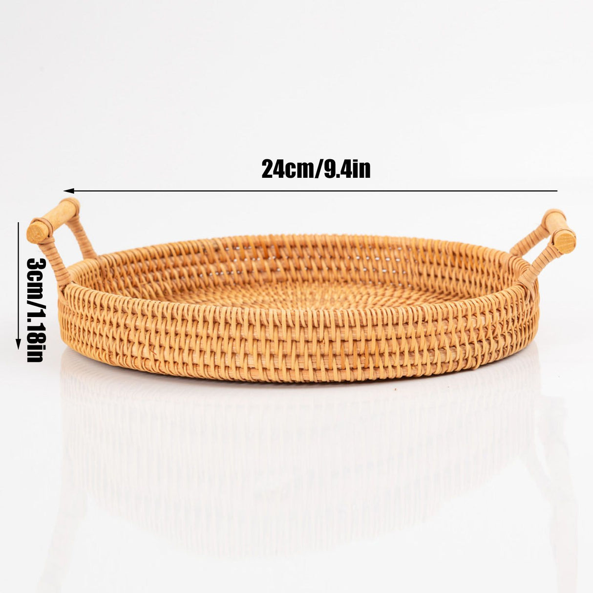 Hand Woven Round Rattan Serving Tray Bread Fruit Dessert Snack Basket with Handles Diameter 24cm Height 3cm