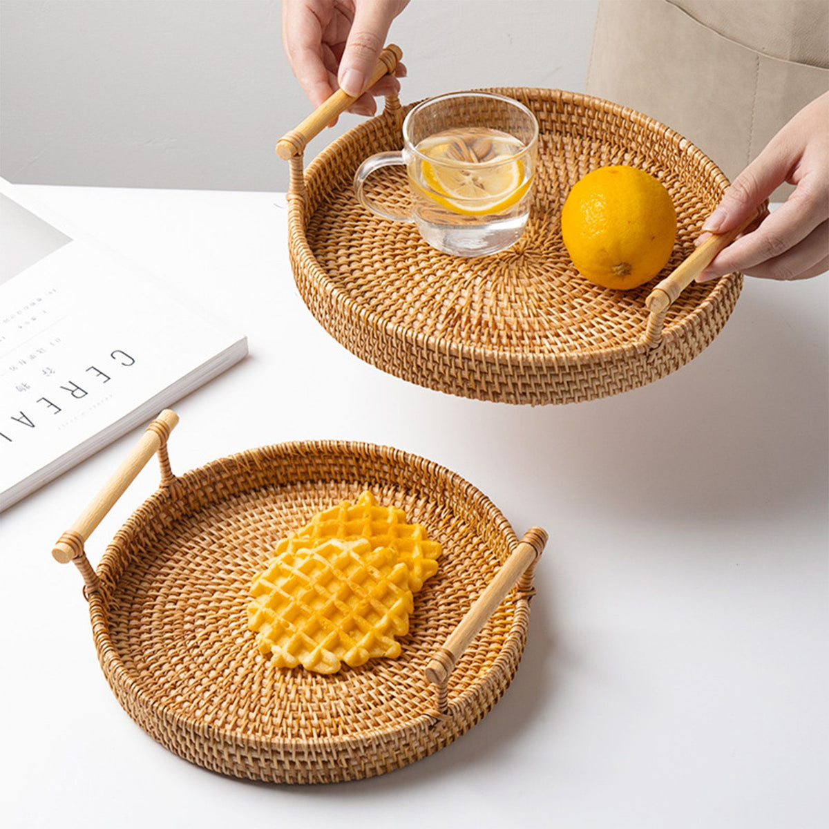 Hand Woven Round Rattan Serving Tray Bread Fruit Dessert Snack Basket with Handles Diameter 24cm Height 3cm