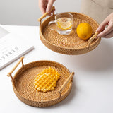 Hand Woven Round Rattan Serving Tray Bread Fruit Dessert Snack Basket with Handles Diameter 24cm Height 3cm - Extra Image
