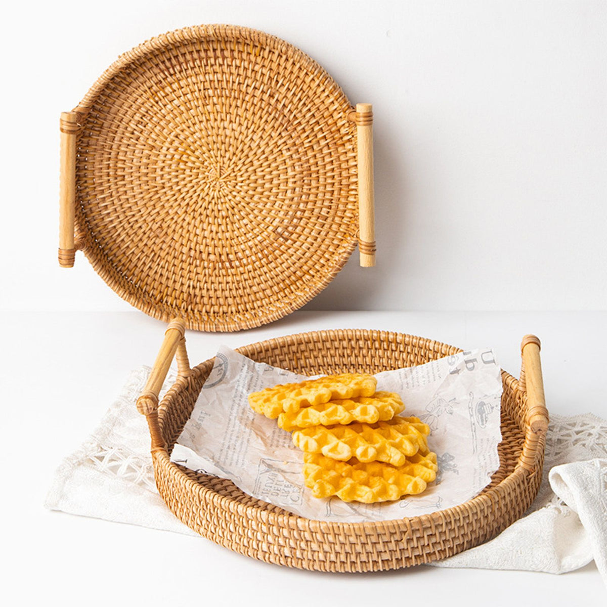 Hand Woven Round Rattan Serving Tray Bread Fruit Dessert Snack Basket with Handles Diameter 24cm Height 3cm